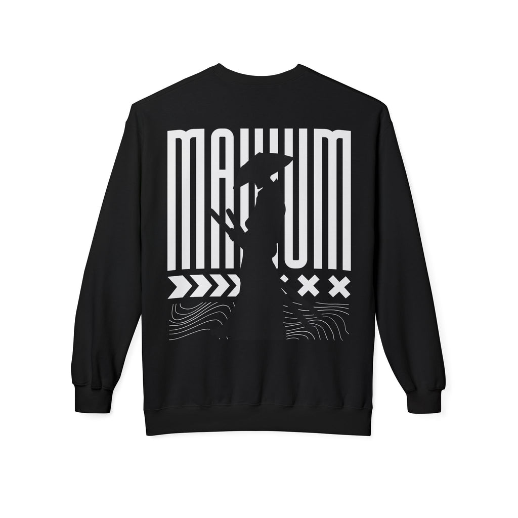 Maximum Rider Crewneck Sweatshirt — Minimal Front Logo, Bold Back Graphic
