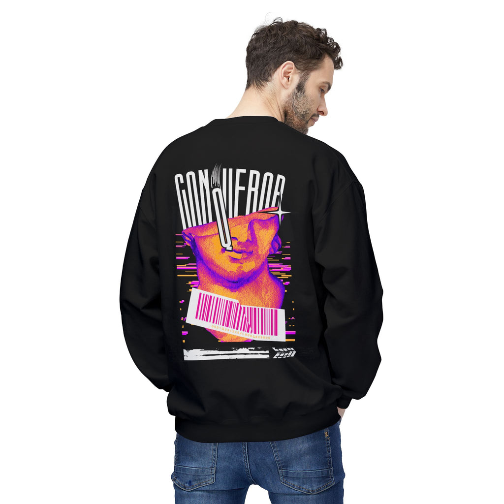 Conqueror Graphic Sweatshirt — Retro Glitch Art Crewneck