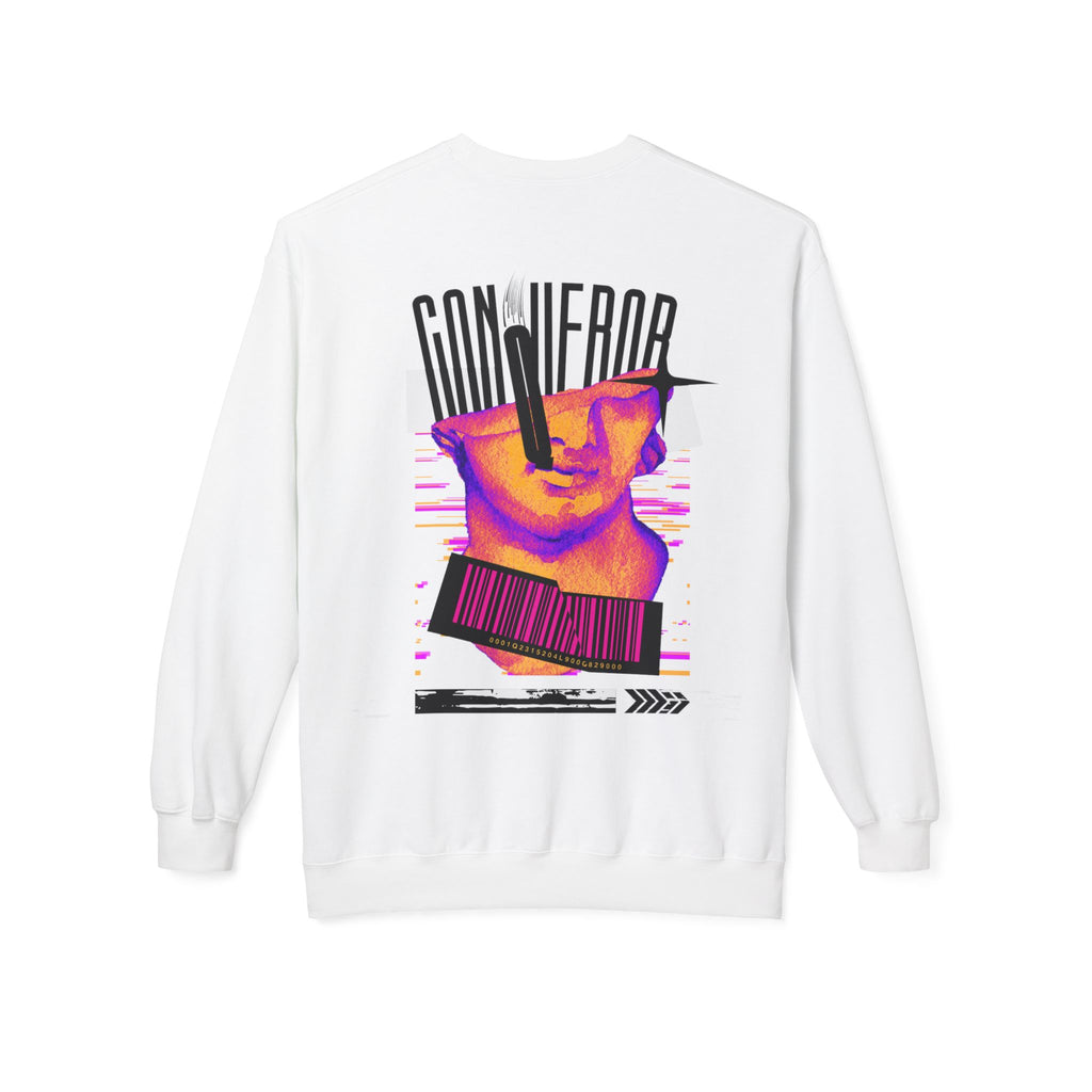 Conqueror Graphic Sweatshirt — Retro Glitch Art Crewneck