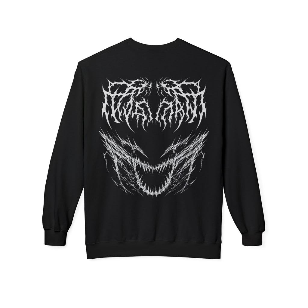 Metal Band Graphic Crewneck Sweatshirt — 'Venomous' Black Horror Logo & Back Bite Design