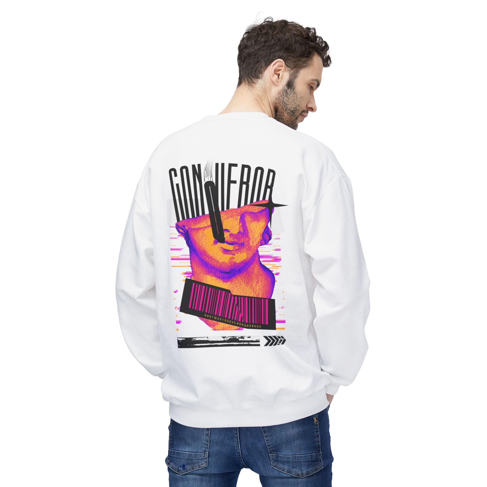 Conqueror Graphic Sweatshirt — Retro Glitch Art Crewneck