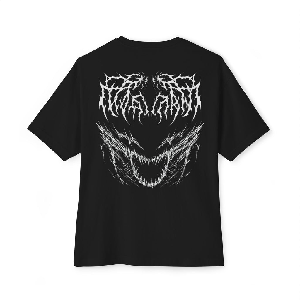Boxy Tee — Dark Metal Graphic Tee with White Distressed Logo & Grin (Front & Back)